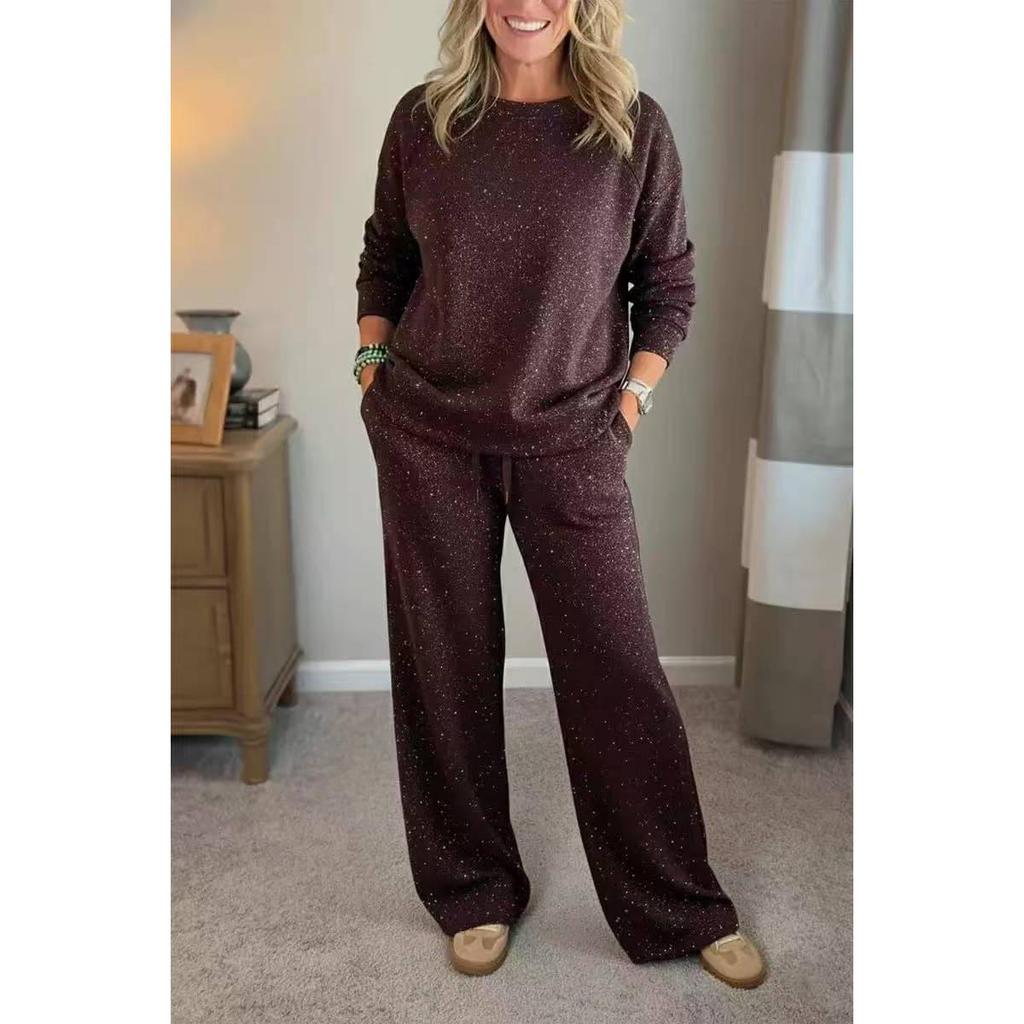 Felpa Casual alla Moda Set da 2 Pezzi Autunno Tuta Scintillante Completo Donna Manica Lunga Ampia Pantaloni Sportivi con Coulisse Completo Donna