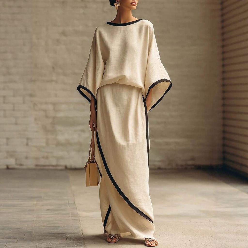 Women's Loose Fit Two Piece Outfit Three Quarter Sleeve Batwing Top and High Waist Maxi Skirt Set