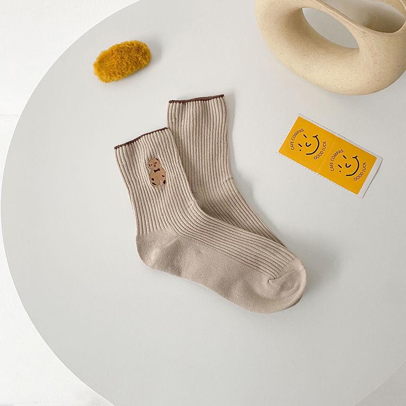 Little Bear Women's Cute Japanese Korean Style Mid-Calf Socks - Spring, Autumn, Summer Solid, Autumn and Winter Options