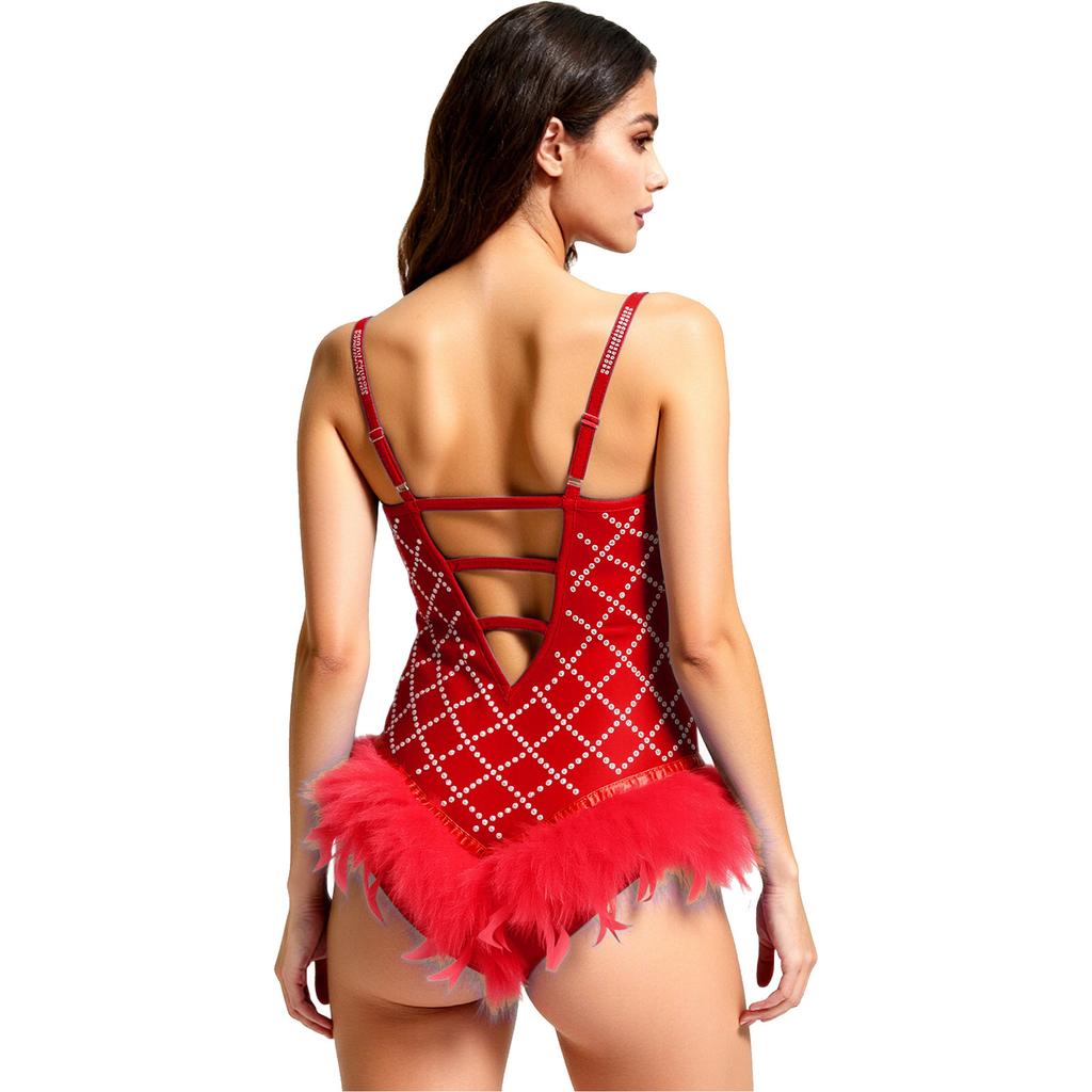Womens Shiny Rhinestone Feather Leotard Deep V Neck Adjustable Spaghetti Straps Strappy Back Bodysuit
