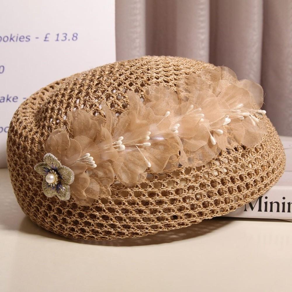 French Floral Painter hat Korean Women Knit Fabric Cap Chic Hollow Out Beret Summer