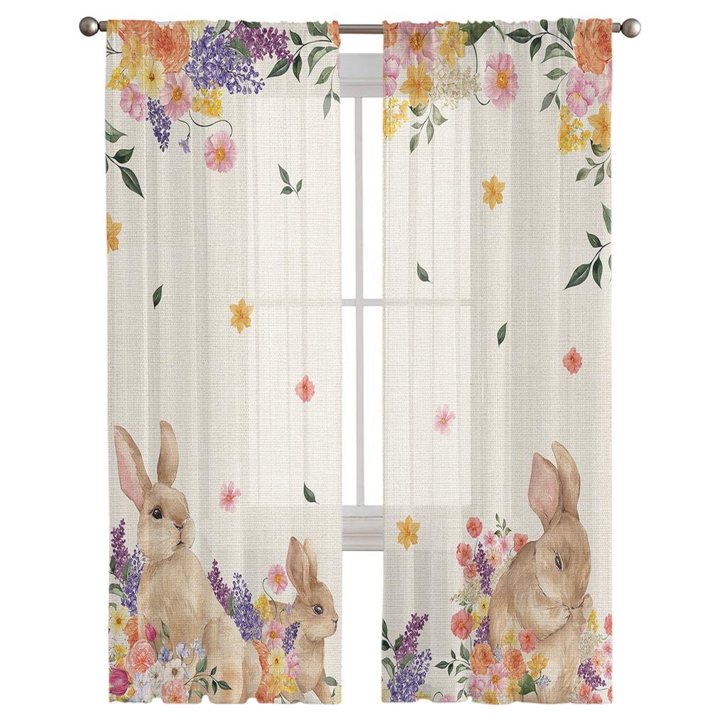 Osterhase Frühling Wildblumen Tüllgardinen für Wohnzimmer Schlafzimmer Voile Transparente Gardine Fenster Heimdeko Vorhänge