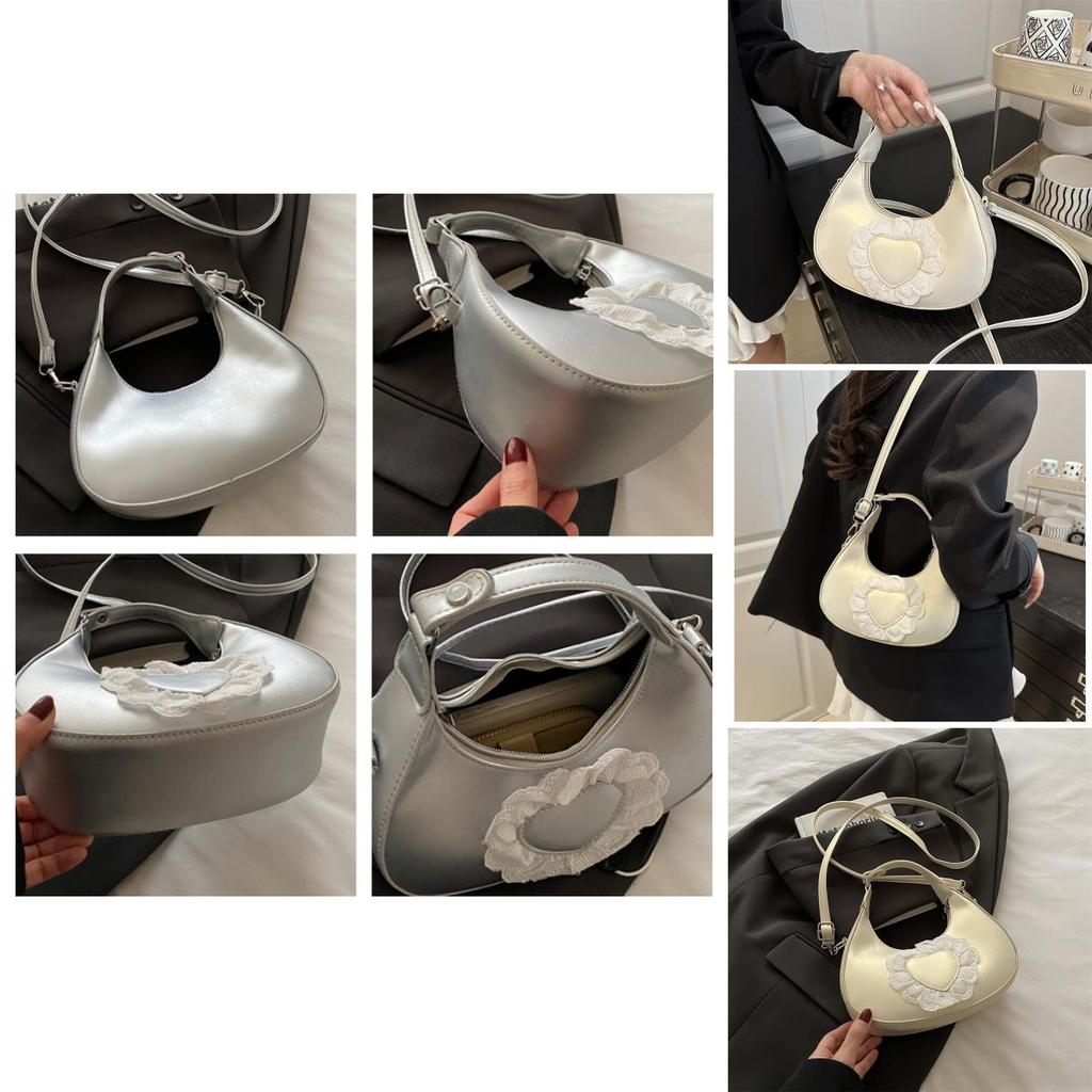 Pu Dumpling Shaped Handbag With Heart Lace Design For Casual Outings