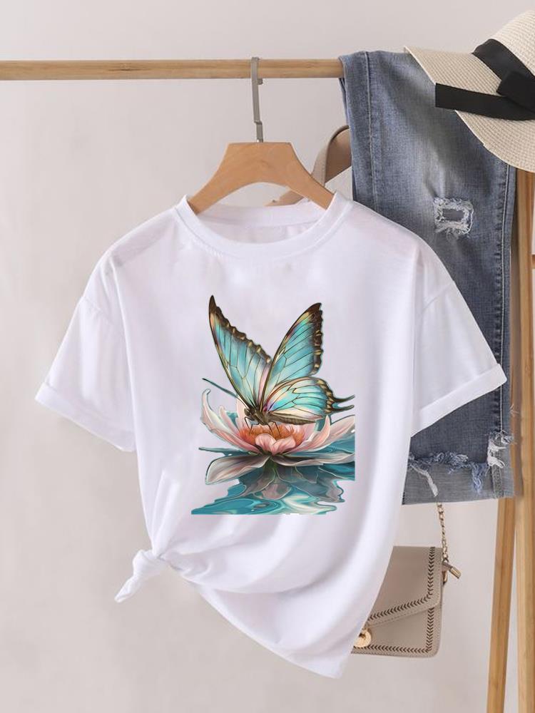 (Asian Size) Lady Clothing o-neck T Shirt sweet butterfly style Printed Female Top Casual Fashion Women Graphic Tee Short Sleeve T-shirts