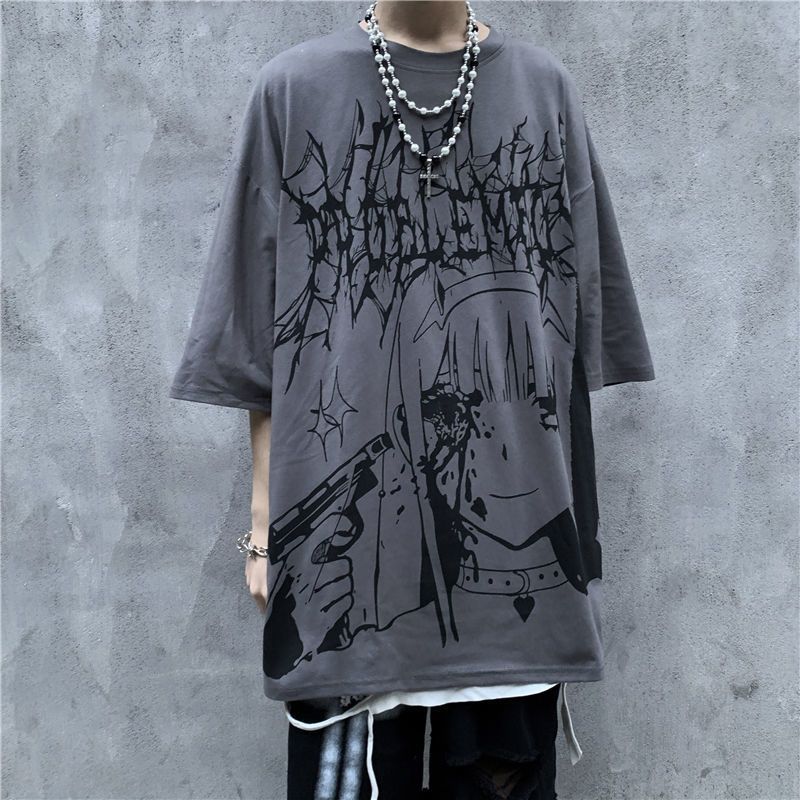 Men Anime T-shirt Summer Dark Tee High Street Gothic Skull Tshirt Loose Oversized Short-sleeved Tshirt Streetwear Top