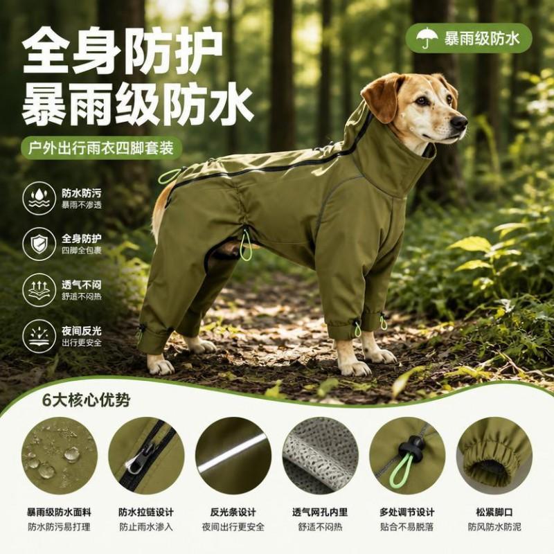 4-Leg Dog Raincoat Medium To Large Breeds Waterproof Windproof Outdoor Pet Jacket In Yellow Green Black