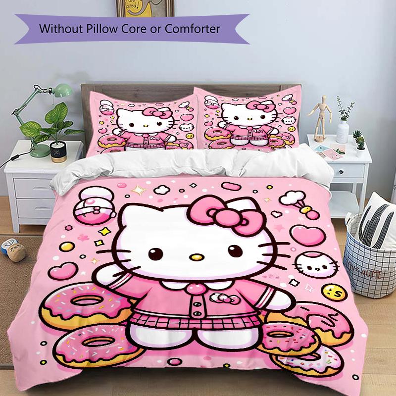 3pcs Dessert cartoon Kitty Printed Bedding Set, Soft and Comfortable Quilt Cover for Bedroom, Guest Room ( Not Included).H019