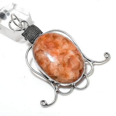 Natural Sunstone Gemstone Handmade 925 Sterling Silver Pendant 2.68" H6A22