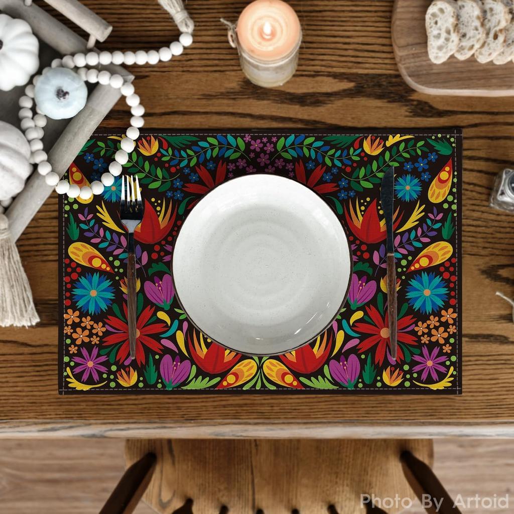 Mexican Cinco De Mayo Placemats Set of 6, 12 x 18 Inch Dia De Los Muertos Decoration Washable Table Mats for Party Dining Table