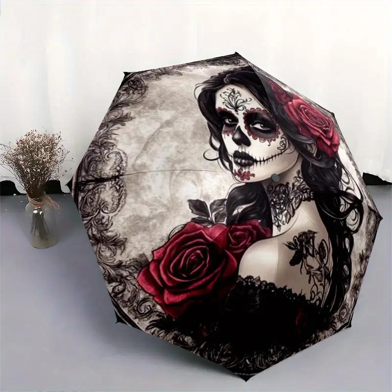 Mexican Day of The Dead Umbrella - Automatic Open And Close Sugar Skull Lady with Red Rose Pattern Compact Umbrella - Gothic Floral Design,