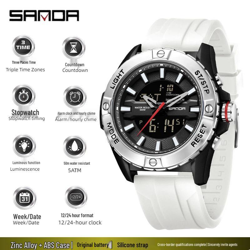 SANDA Multifunctional Outdoor Waterproof Watch with Three-Time Zone and Calendar Features for Students