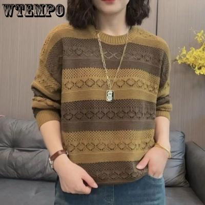 Tricou cu mânecă lungă pentru mame de vârstă mijlocie, stil occidental, tricotat, pulover de toamnă, cu dungi largi, tricou de bază