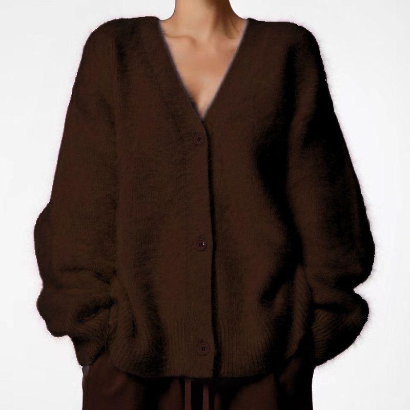 

Imitation Mink Fur Knitted Sweater Cardigan European and American Style 2025 Autumn and Winter Lazy Loose Long-Sleeved V-Neck Sweater Jacket for Women Brown XL