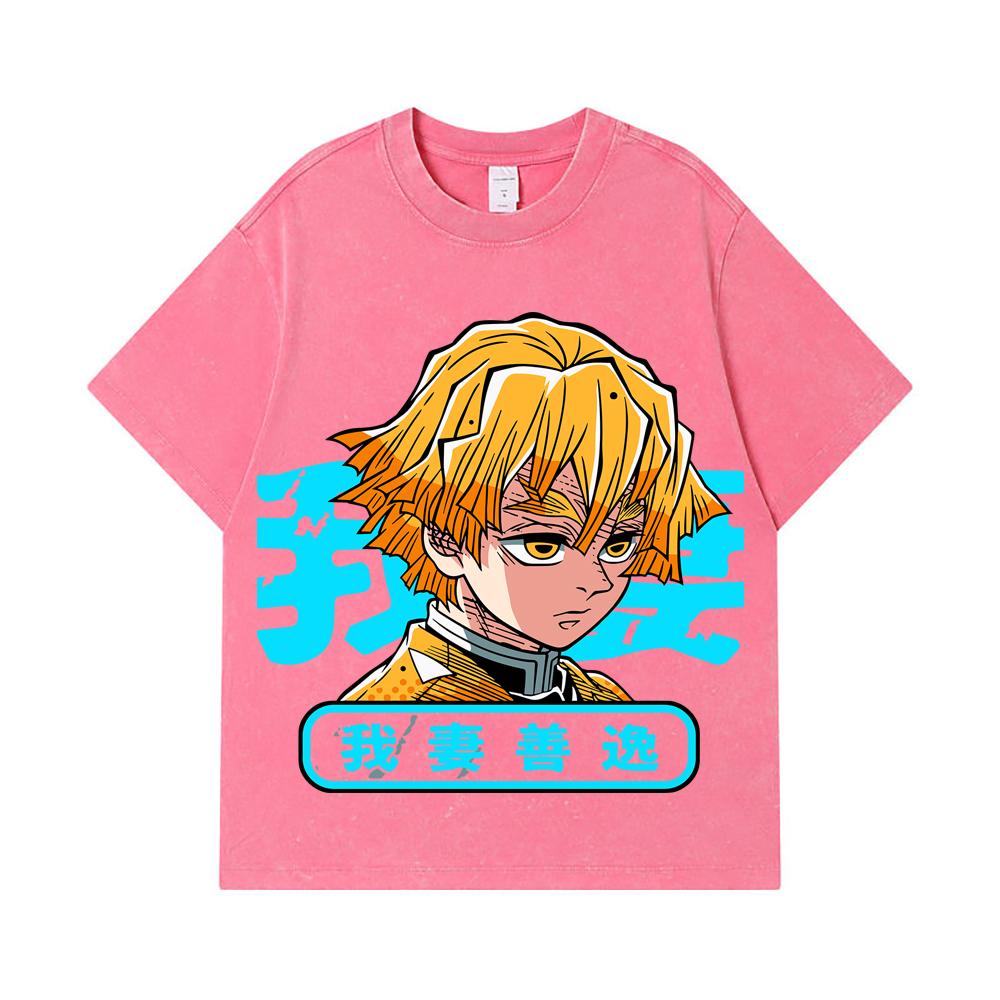 275 GSM Washed T-shirts 100% Cotton Demon Slayer V100 Zenitsu Print Unisex Heavy Cotton T Shirt