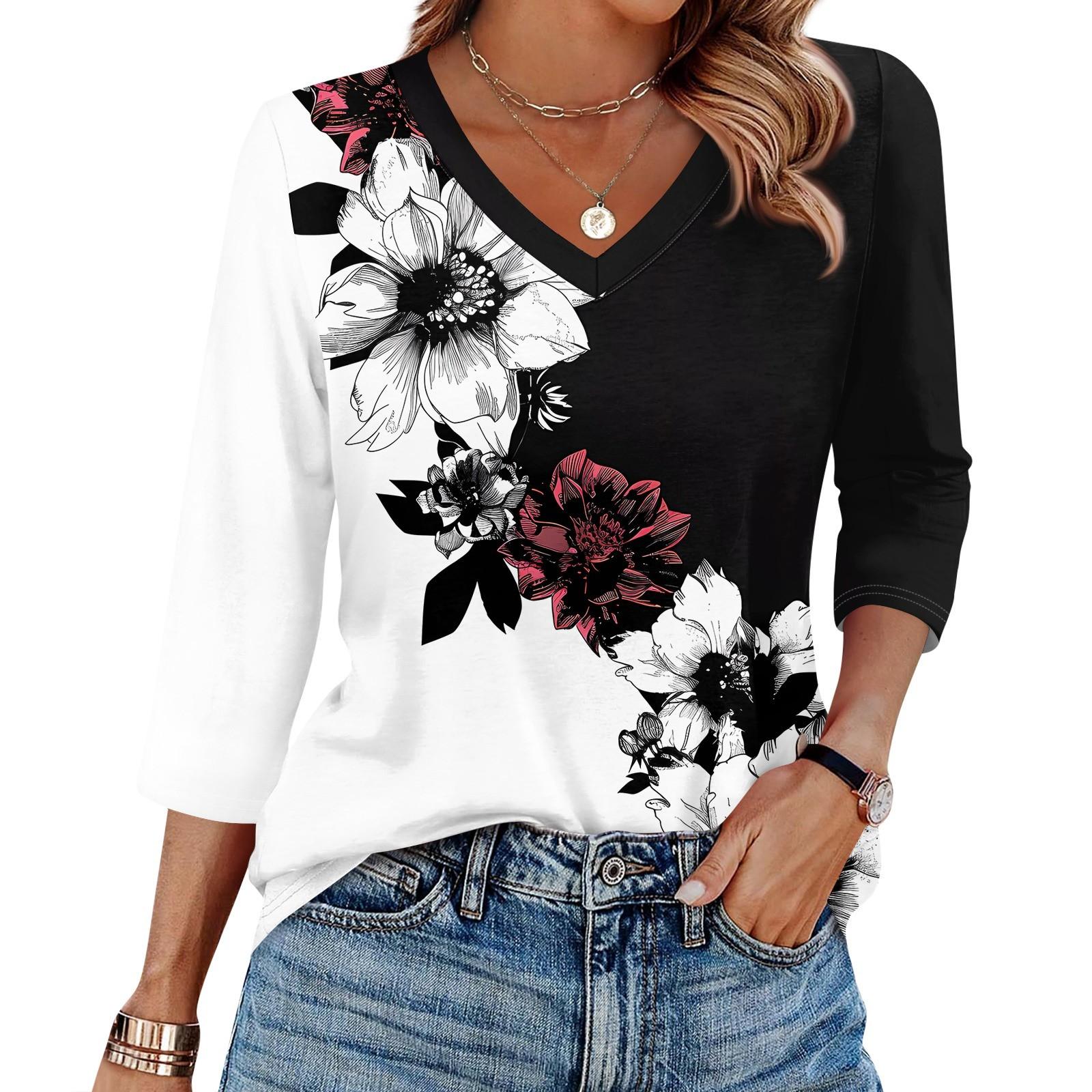 

Женская футболка с принтом, рукав 3/4, повседневная мода на выходные, базовый топ с V-образным вырезом XL белый