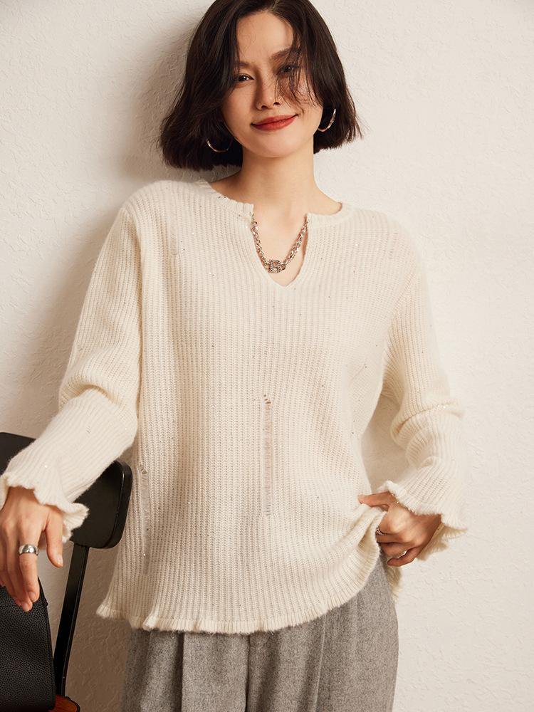 Women's Thickened Cashmere Sweater with Scissor Collar and Sequin Detail - Autumn/Winter Knitted Base Layer