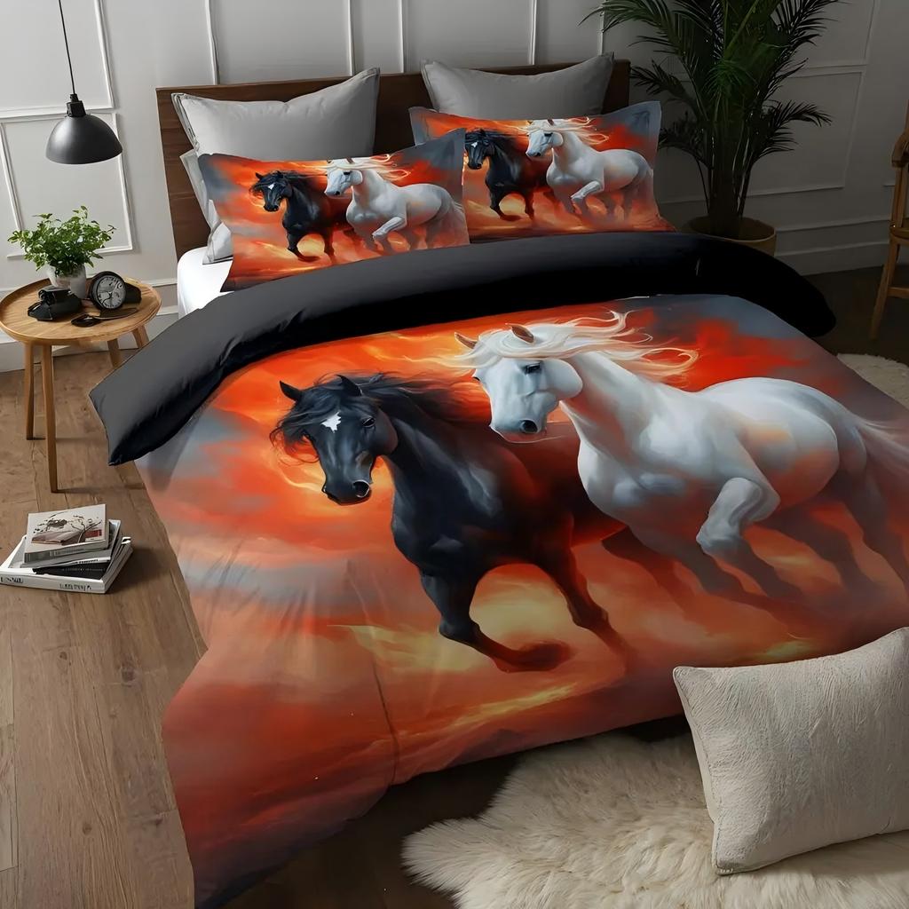 Red Flame Run Horse Pattern Printed Duvet Cover Soft Comfortable Oil Paint Style Bed Set Wildlife Theme Quilt Cover Pillowcases