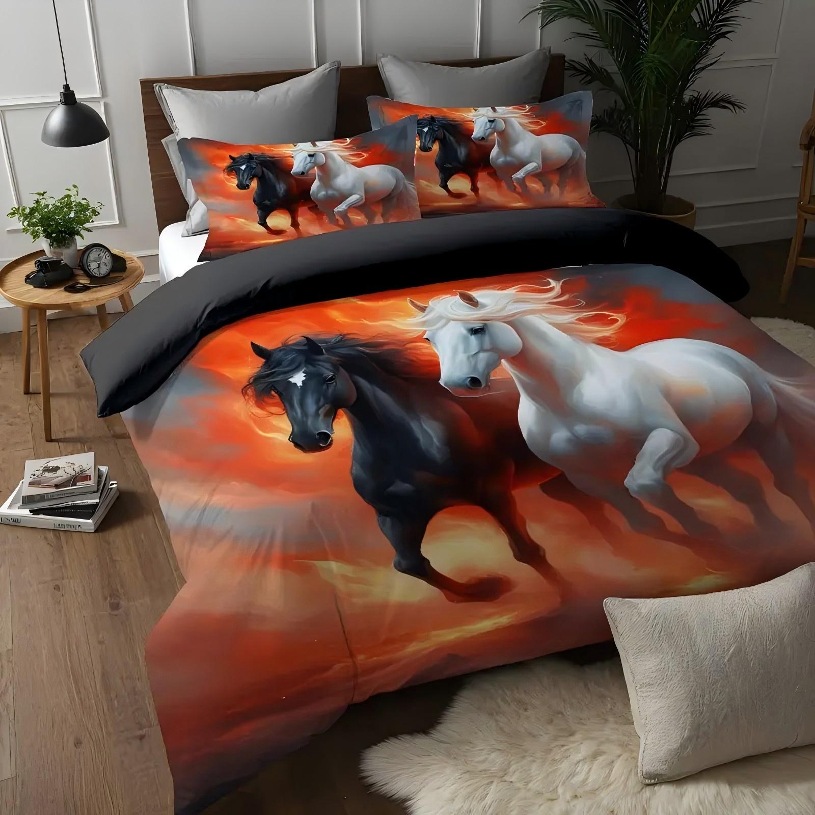 

Red Flame Run Horse Pattern Printed Duvet Cover Soft Comfortable Oil Paint Style Bed Set Wildlife Theme Quilt Cover Pillowcases 135x200cm 2pcs