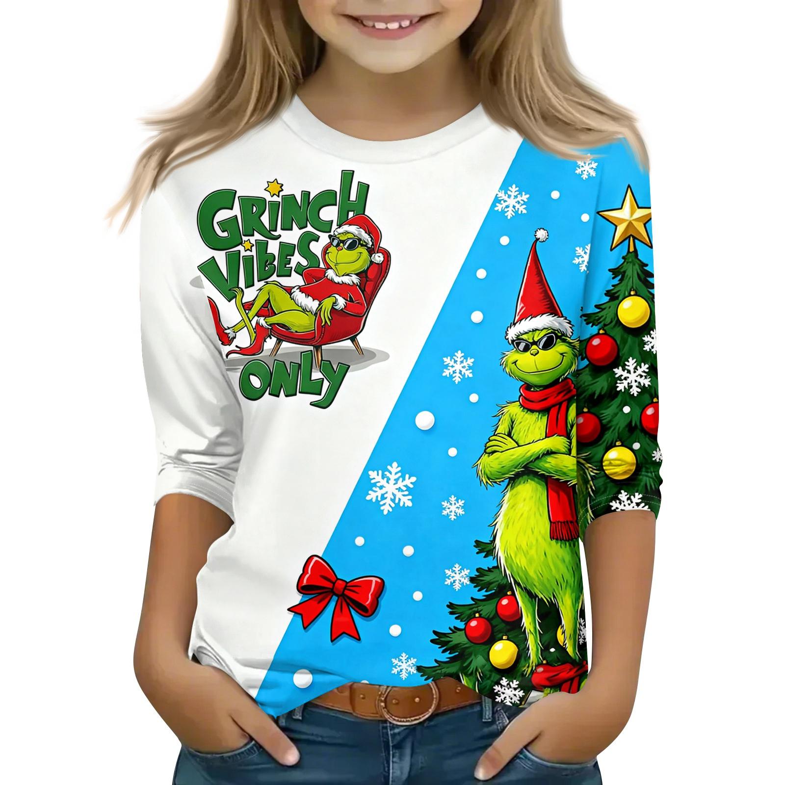 

Рождественские детские топы с рукавом 3/4, повседневная футболка с принтом, на каждый день, пуловер с круглым вырезом, блузка 160 синий