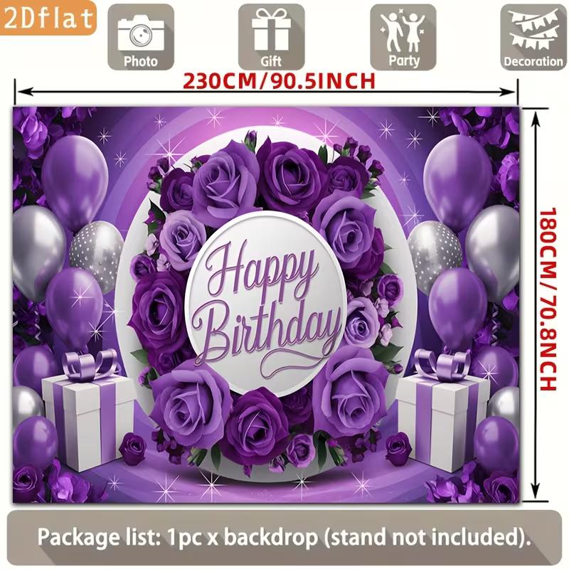 

2D Purple Silver Balloon & Rose Happy Birthday Backdrop Banner Photo Booth Background 47.2x31.5inch/120*80cm