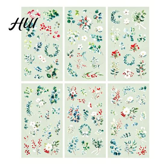 Floral Plant Decals 6 Sheets/Set Natural Flower Scrapbook Stickers, Waterproof PVC Plants Decals, Hand-painted Stickers Transparent Decorative for DIY