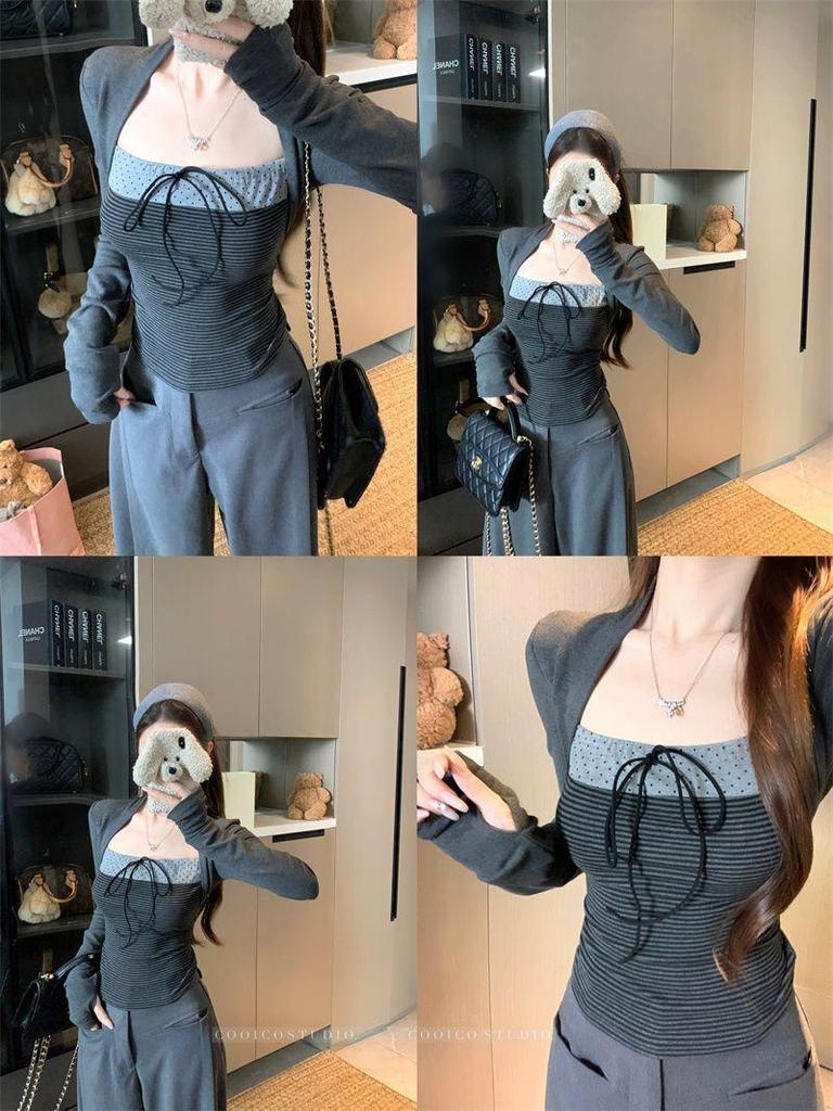 Women's Polka Dot Long Sleeve Square Neck T-shirt with Korean-Style Butterfly Tie - Slimming Autumn Winter Base Layer Top