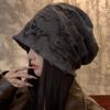 Korean-Style Distressed Beanie: Women's Ripped Letter Slouchy Hat for Large Heads, Small Face Look, Trendy Yarmulke Style.