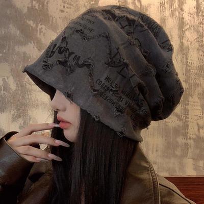 Korean-Style Distressed Beanie: Women's Ripped Letter Slouchy Hat for Large Heads, Small Face Look, Trendy Yarmulke Style.