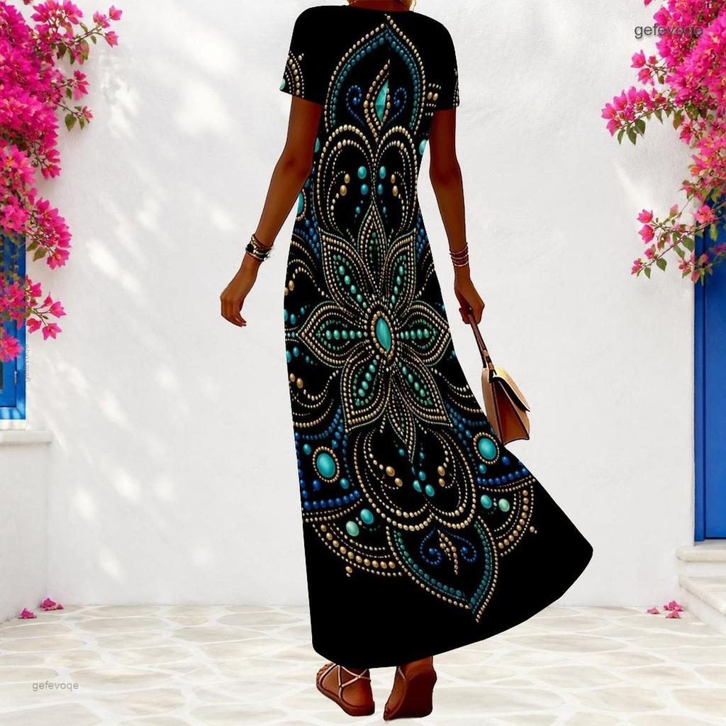 Women Plus Size V Neck Short Sleeve Floral Printed Black Long Dress