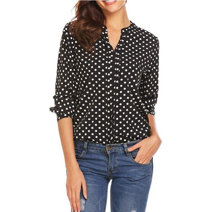 Dot Print V-neck Long Sleeved Loose Women's Blouses & Shirts