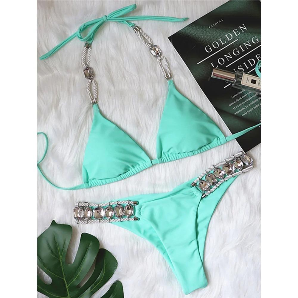 

Холтер блестящие кристаллы и бриллианты бикини женский бандажный купальник женский купальник со стразами комплект бикини бразильский купальный костюм для плавания L зелёный