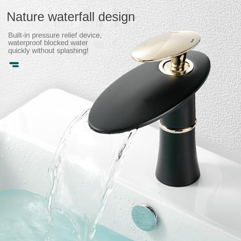 Waterfall faucet bathroom bathroom cabinet washbasin above counter basin copper single hole basin hot cold water faucet black