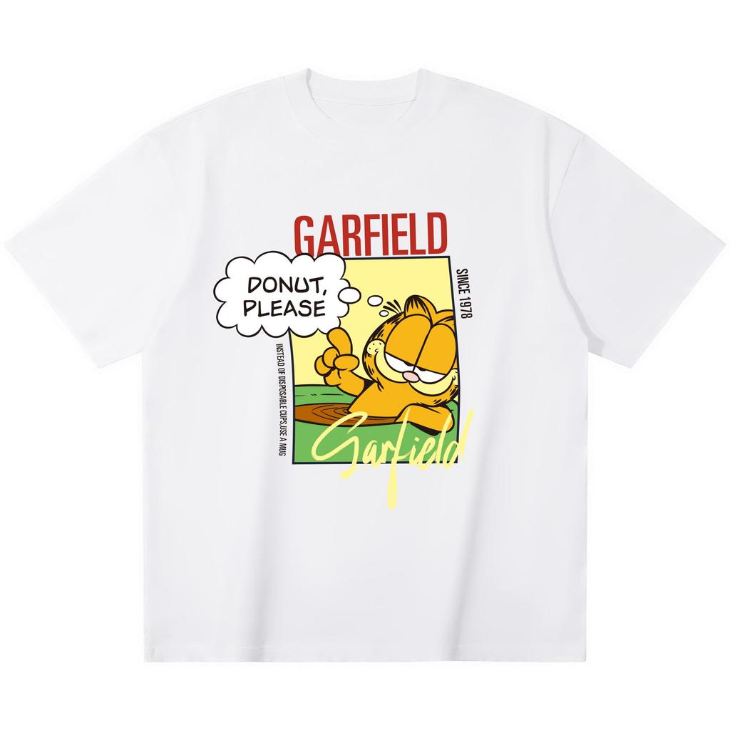 Garfield "DONUT PLEASE" Donut Funny Print Short Sleeve T-Shirt, American Streetwear Brand Heavyweight Cotton Loose Fit Oversized Couple Top