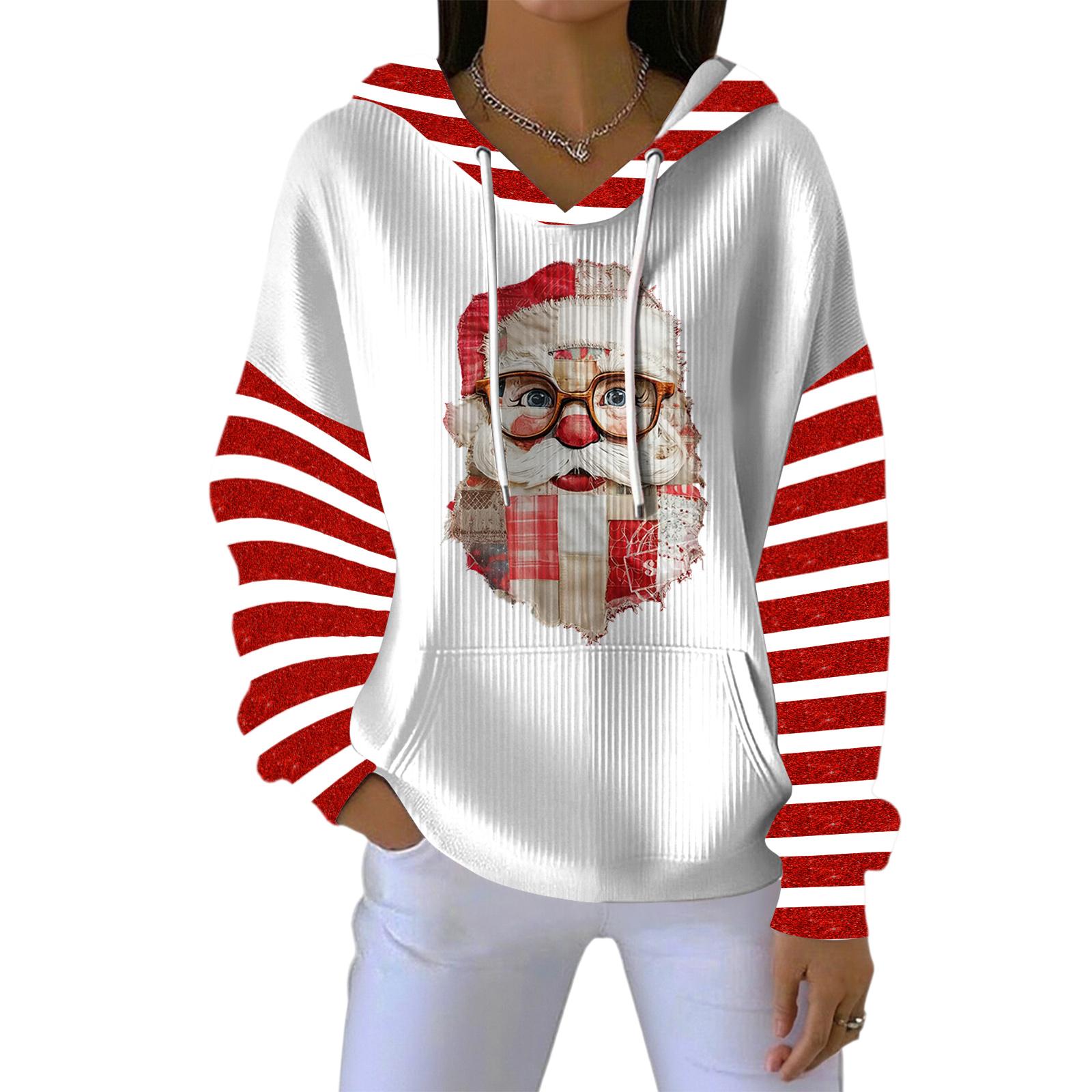 

Женское свободное и удобное худи с V-образным вырезом на кулиске и длинными рукавами с рождественским принтом S винный