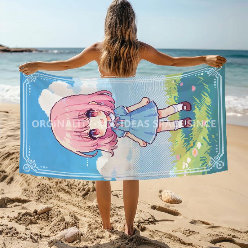 Pixel Chibi Girl Beach Towel Patterned Sunscreen And Windproof Suitable For Swimming Pool Camping Travel Blanket