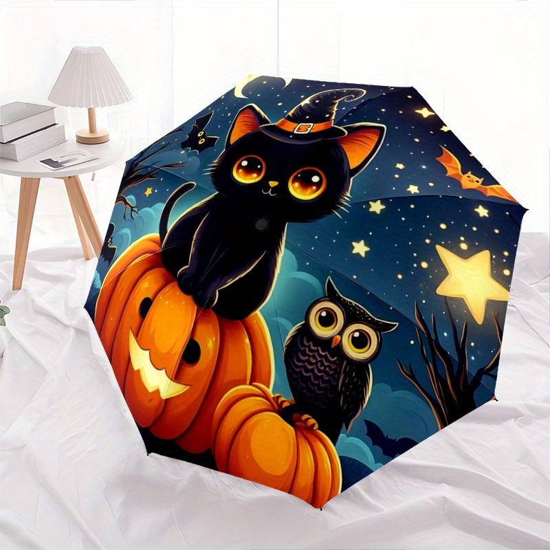 1pc Starry Sky Cat and Owl Halloween Automatic Open/CloseUmbrella-CuteUmbrella with Cute Design, Portable 3-Fold Compact Umbrella for Men & Women