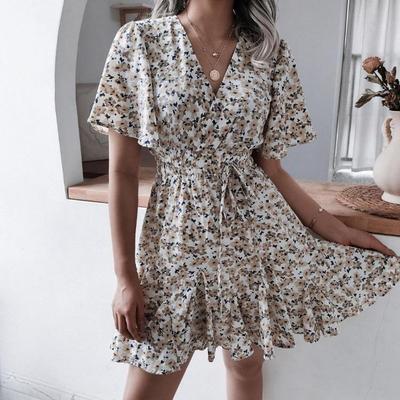 Women Summer Dress Floral Printed V Neck Short Sleeve A Line Ruffled Pleated Chic