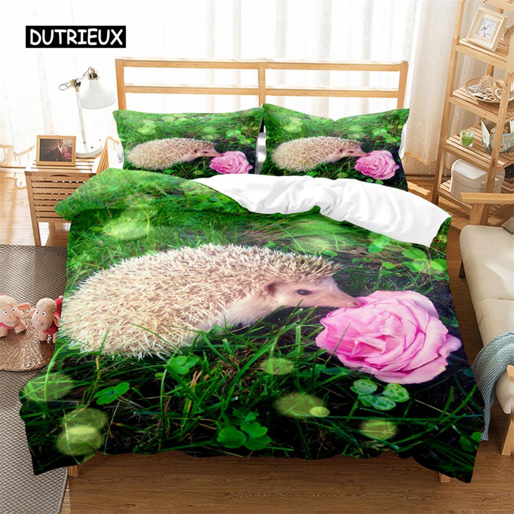Hedgehog Duvet Cover Cute 3D Wildlife Animal Polyester Comforter Cover Bedding Set for Home Bedroom Decorations Women Children