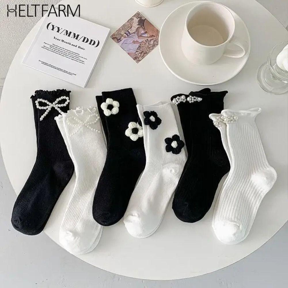 

Breathable Women Cotton Socks Ruffles JK Lolita Socks Korean Reto Pearl Sock Mid Tube Sock Summer white-Java elder tree