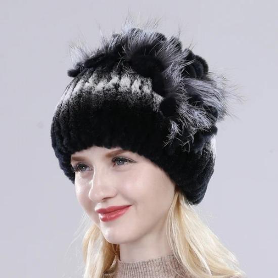 Brand Women Genuine Rex Rabbit Fur Hats Winter Rex Rabbit Fur Beanies Striped Top Flower Fox Fur Warm Real Fur Knit Caps