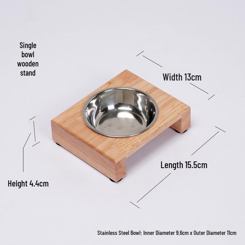 Non-Slip Wooden & Stainless Steel Double Pet Bowl for Cats and Dogs