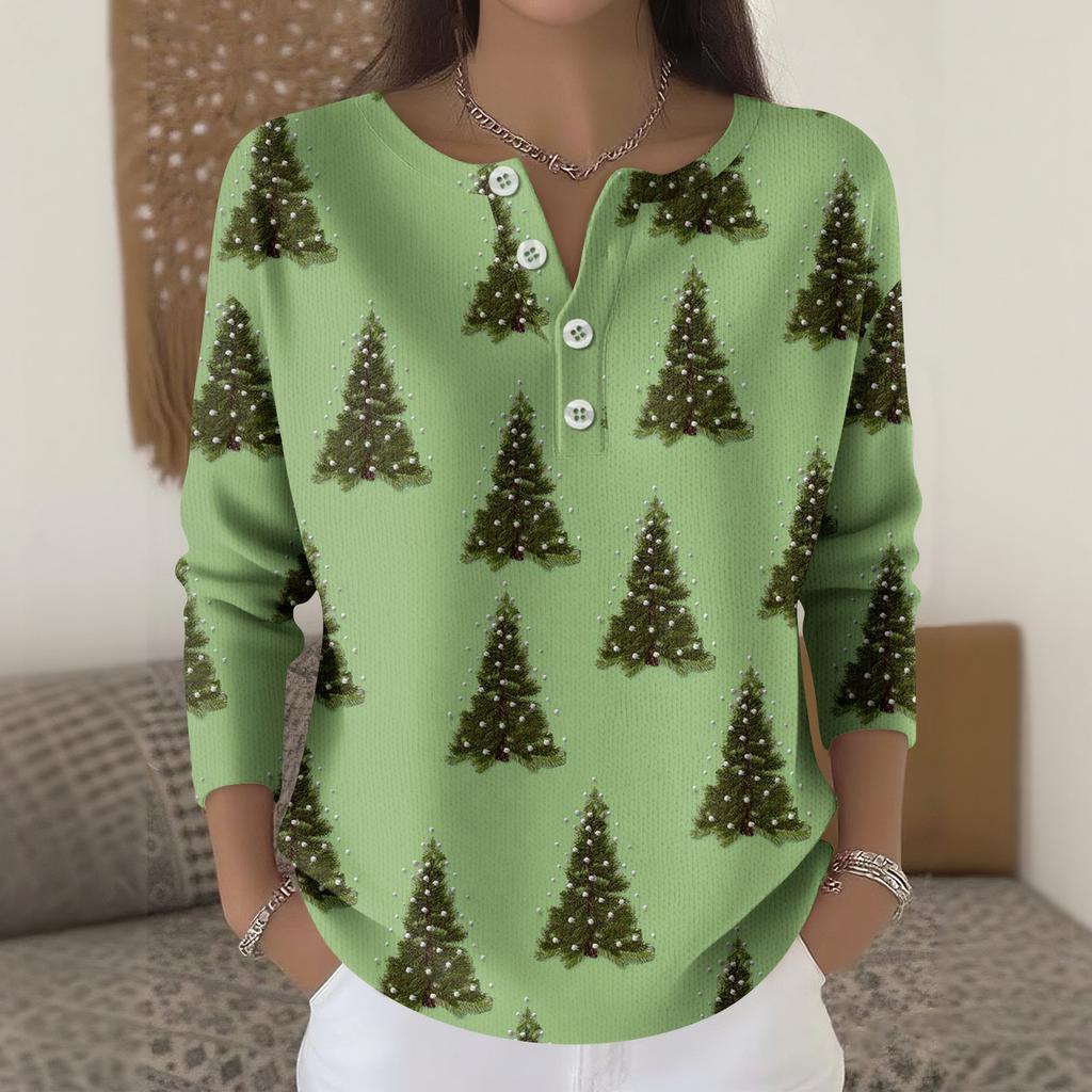 Women's Fashion Long Sleeve Christmas Snowflake Print Top Elegant Casual Top