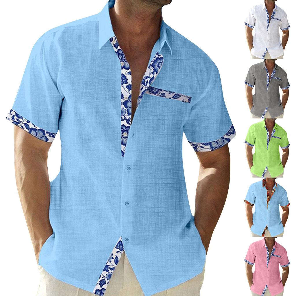 Men's Printed Stitching Design Short Sleeve Button Shirt Men's Casual Fashion Shirt