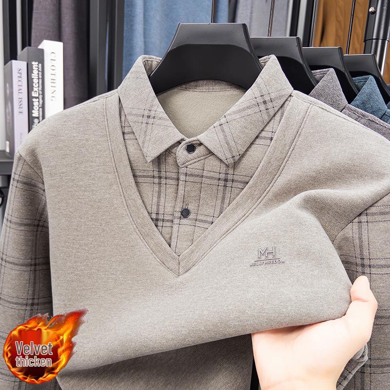 Men's Wool & Silk Two-Piece Look Sweater, Turn-Down Collar, Plus Velvet Lining, Warm Knitted Winter Wear for Dad