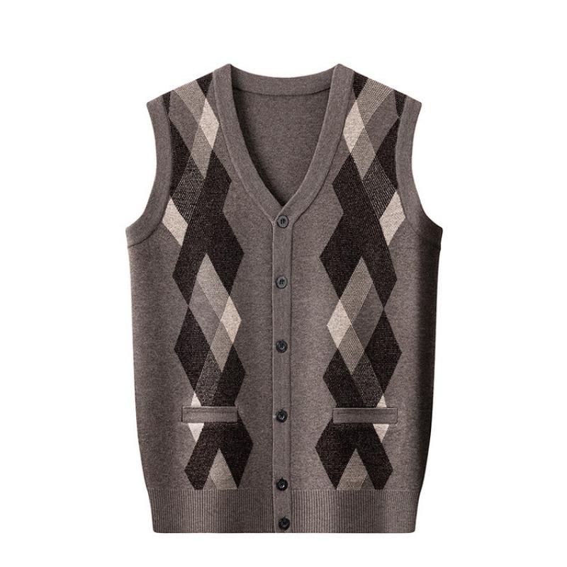 Vestă Tricotată pentru Bărbați Toamnă Iarnă Cardigan fără Mâneci pentru Vârstnici Model în Carouri
