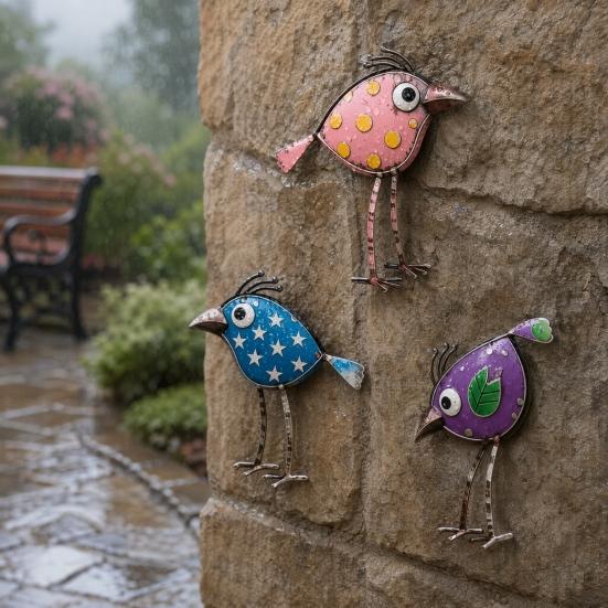 Baizihuahu 3 Stück Holzvögel Wandkunst Dekor, Antike Vogel-Hängefiguren, Lustige Langbein-Skulptur, Boho Bauernhaus Dekorationen für den Außenbereich Garten