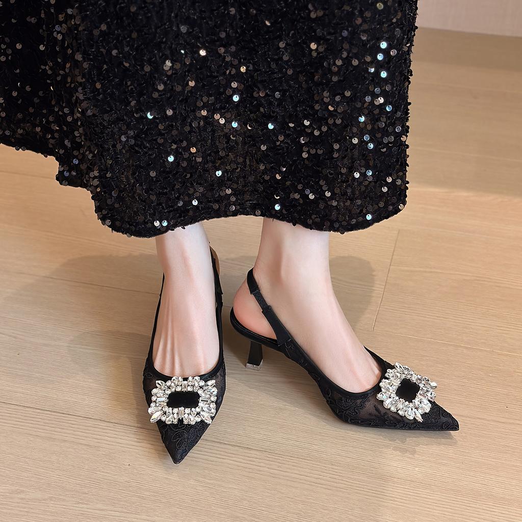 Fashion Baotou Mesh Single Shoes Women'S New Spring Square Buckle Rhinestone Pointed Toe Shallow-Mouthed Elegant Backheel High Heels