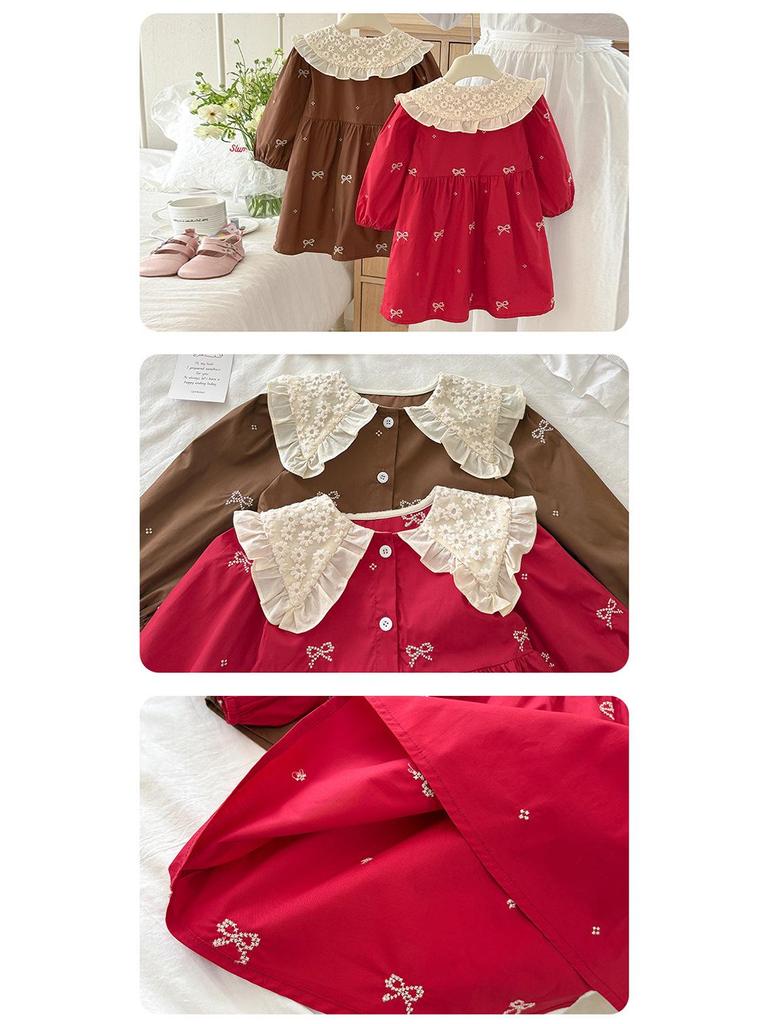 Spring Lace Collar Dress for Girls - Bow Embroidered Princess Skirt