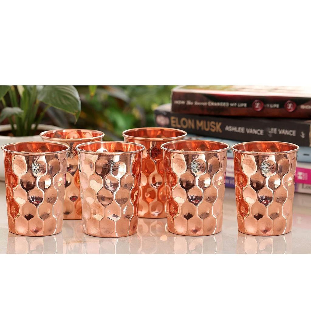 Pure Copper Plain Glass with Diamond Hammered Design, Drinking Serving Water, Yoga Ayurveda, Volume-300 Ml, Pack of 6