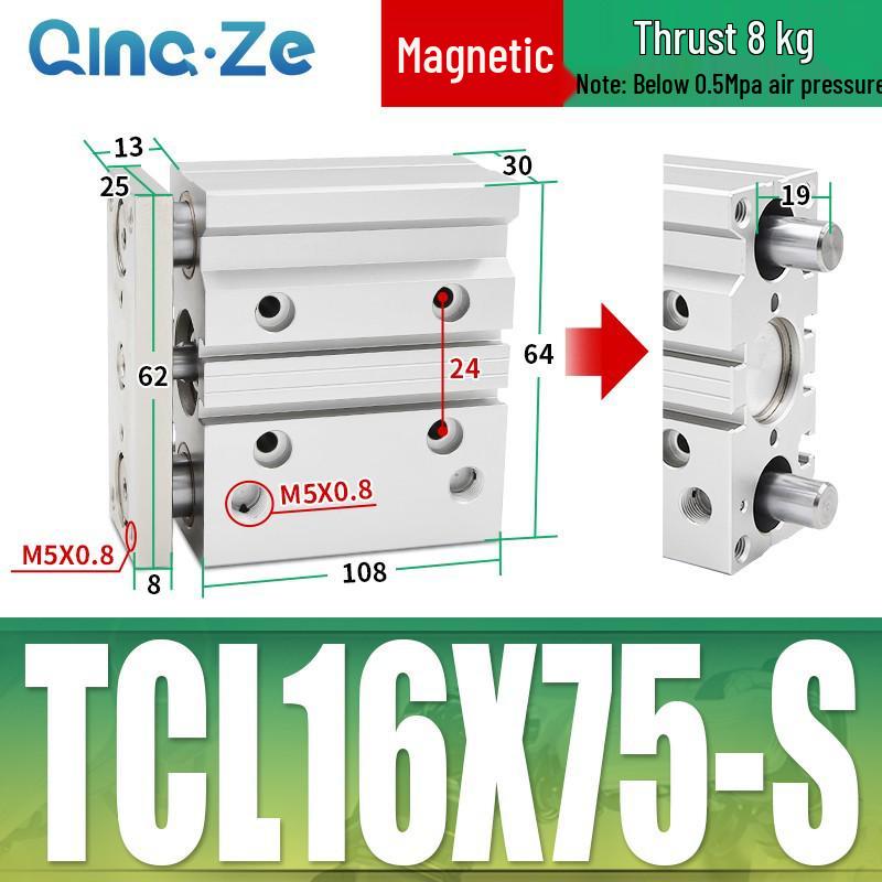 Kompaktowy pneumatyczny wielotłoczkowy cylinder trójosiowy TCL (12/16/20/10-100S)